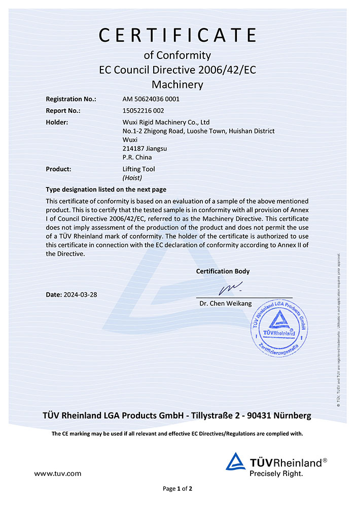 Certificado 2T TUV para caja eléctrica de polipasto.